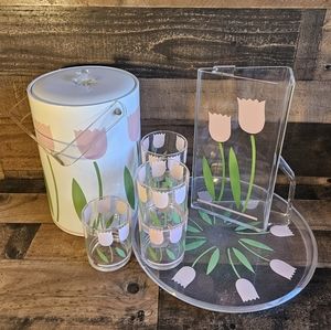 H.J. Stotter Inc. Vintage Lucite Pink Tulip Tray Cups Pitcher And Ice Bucket MCM
